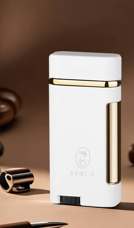 White Rami’s dual flame rechargeable lighter with premium metal body and compact windproof design displayed on desk.