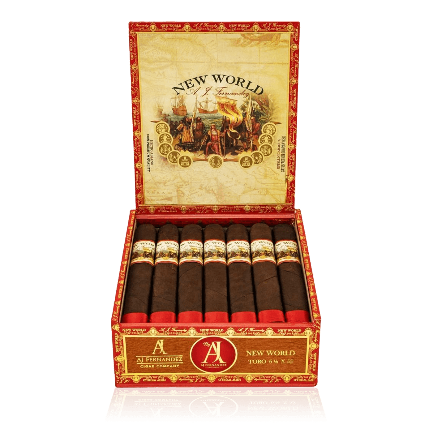 "An open box of New World Oscuro cigars, displaying dark, rich wrappers with detailed cigar bands