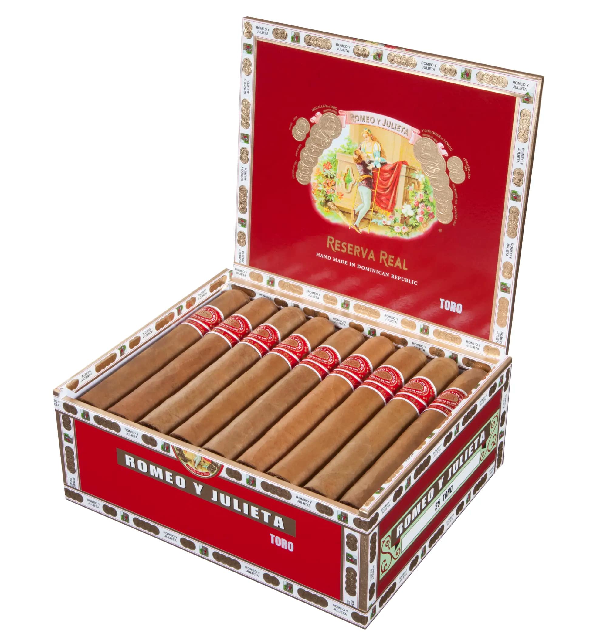 Open box of Romeo y Julieta Reserva Real cigars with neatly arranged cigars showcasing smooth, creamy Connecticut Shade wrappers.