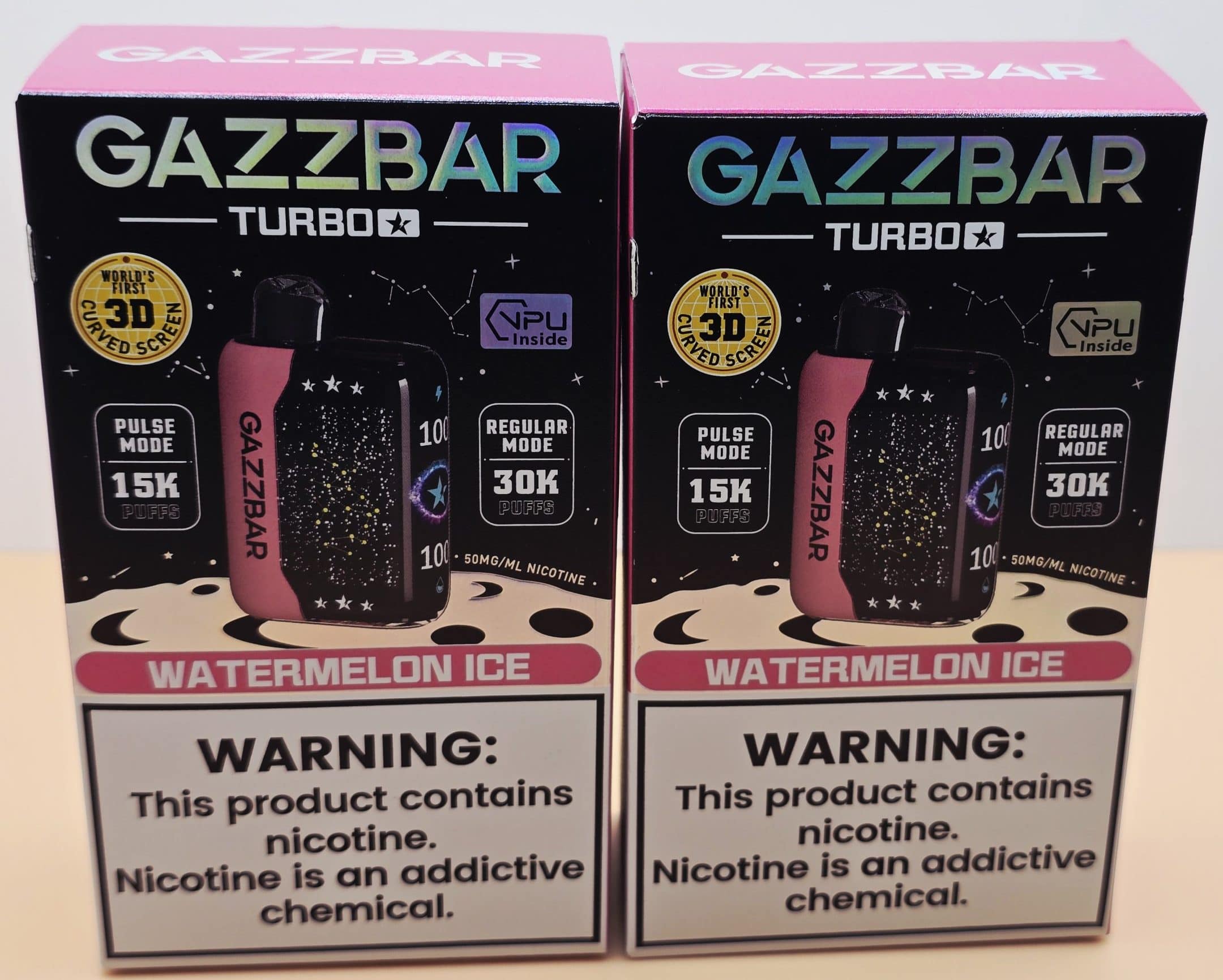 2 Pack Gazzbar Disposable Vape with 30,000 puffs, 28ml e-liquid, dual mesh coil, and 3D curved screen.