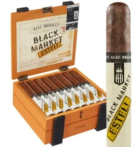 Alec Bradley Black Market Estelí cigar in front of an open box containing multiple cigars.