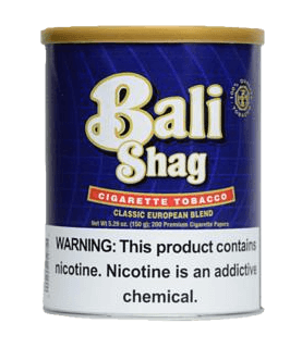 Can of Bali Shag roll-your-own tobacco featuring vibrant tropical-themed packaging.