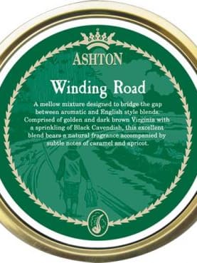 Ashton Winding Road pipe tobacco tin featuring a smooth Virginia and Burley blend with hints of caramel and vanilla.