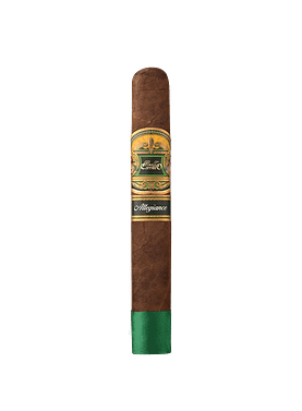 A single E.P. Carrillo Allegiance cigar featuring a dark, smooth wrapper and a sleek band with bold branding, showcasing its premium construction and full-bodied appeal