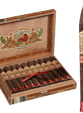 Flor de las Antillas Maduro single cigar with open box in the background