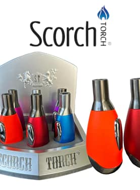 Two Scorch Torch Single Flame Lighters in front with a full display of lighters in the background.