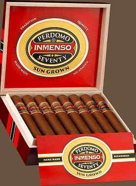 A Perdomo Inmenso Seventy Sun Grown cigar with a thick ring gauge and a rich, reddish-brown wrapper, displayed prominently to highlight its bold size and premium craftsmanship