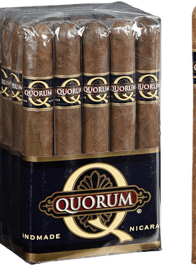 Single Quorum Classic cigar in focus with a bundle of 20 cigars blurred in the background.