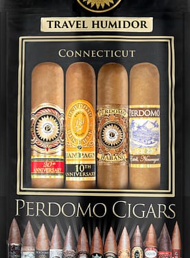 Four Perdomo cigars in Fresh Humidity Packs, featuring different styles: Perdomo Connecticut, Perdomo 10th Anniversary Connecticut, Perdomo 20th Anniversary, and Perdomo Lot 23 Connecticut, each displayed in their individually sealed, humidity-controlled pouches to preserve freshness and flavor.