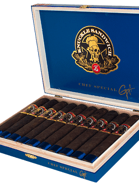 Open box of Espinoza Knuckle Sandwich Chef's Special 2024 cigars, showcasing their elegant band and expertly crafted appearance inside the luxurious wooden box.