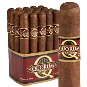 Single Quorum Maduro cigar in front of a bundle of 20 cigars.