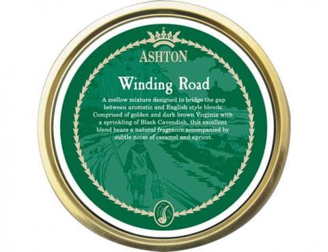 Ashton Winding Road pipe tobacco tin featuring a smooth Virginia and Burley blend with hints of caramel and vanilla.
