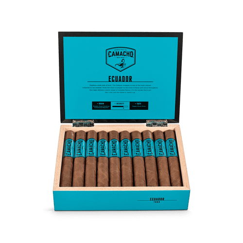 Open box of Camacho Nicaragua cigars with orange bands and rich brown wrappers