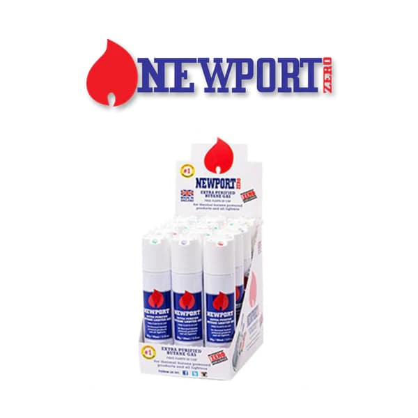 Open display of Newport Zero Butane 90ml cans arranged neatly in retail packaging.