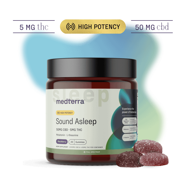 20-count jar of Medterra Sound Asleep gummies with CBD, melatonin, and natural calming ingredients for better sleep.