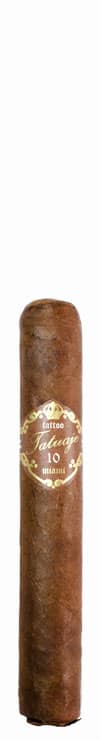 Single Tatuaje 10th Anniversary cigar with a dark, oily wrapper and signature band, resting on a wooden surface.