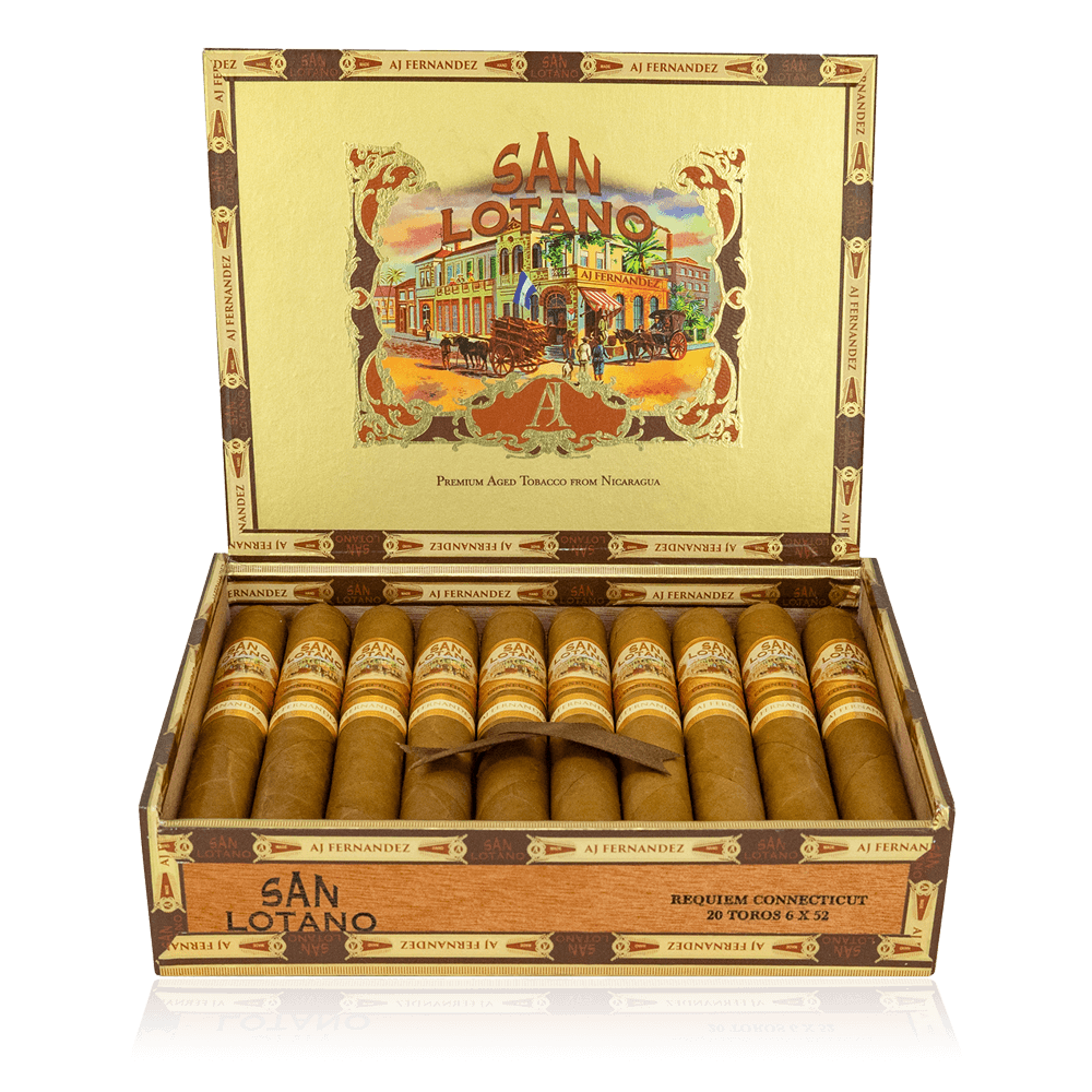 An open box of San Lotano Connecticut cigars, featuring light, creamy Ecuadorian Connecticut wrappers and neatly arranged cigars, highlighting their smooth and mild flavor profile.