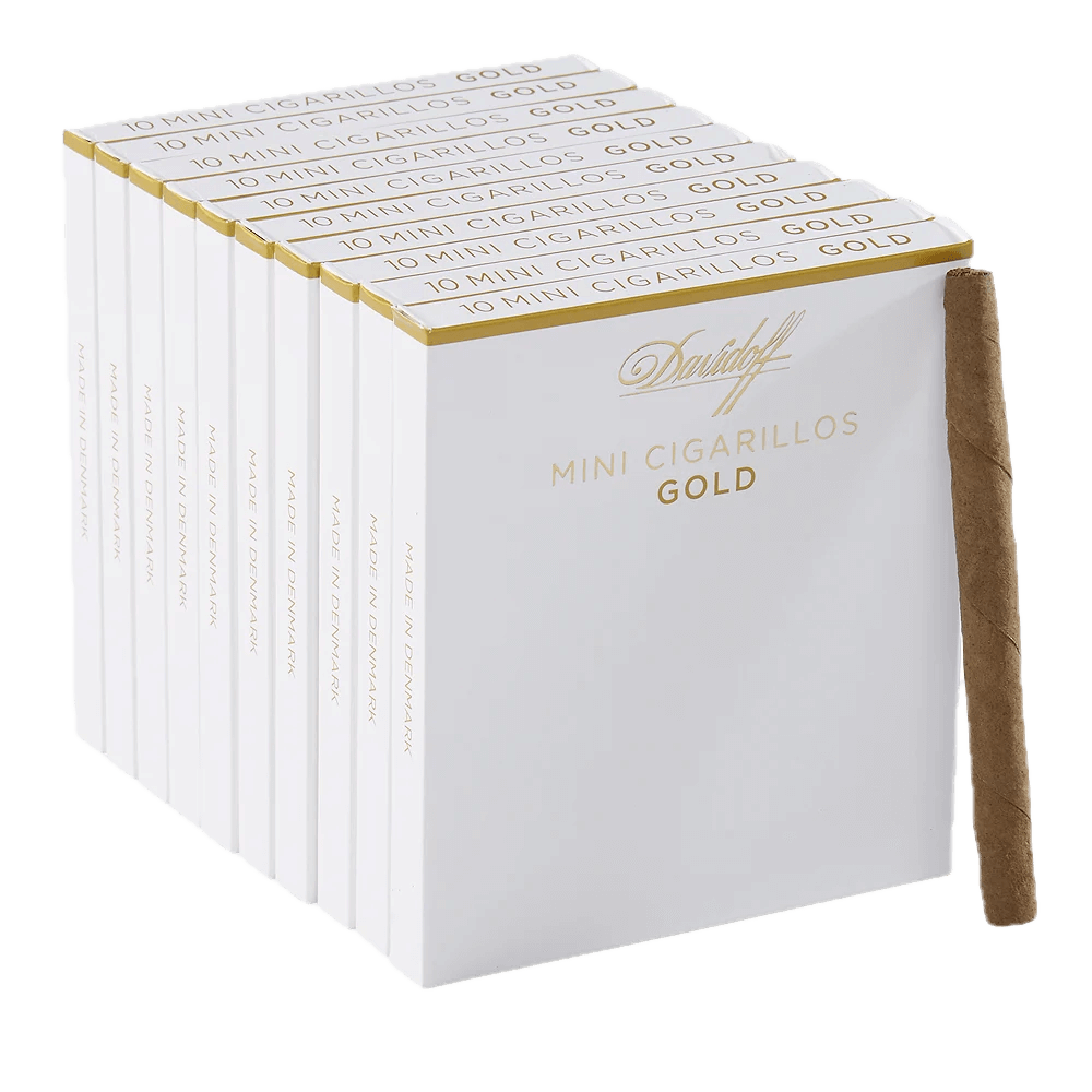 Single Davidoff Mini Cigarillo Gold placed in front of five stacked gold 5-pack boxes