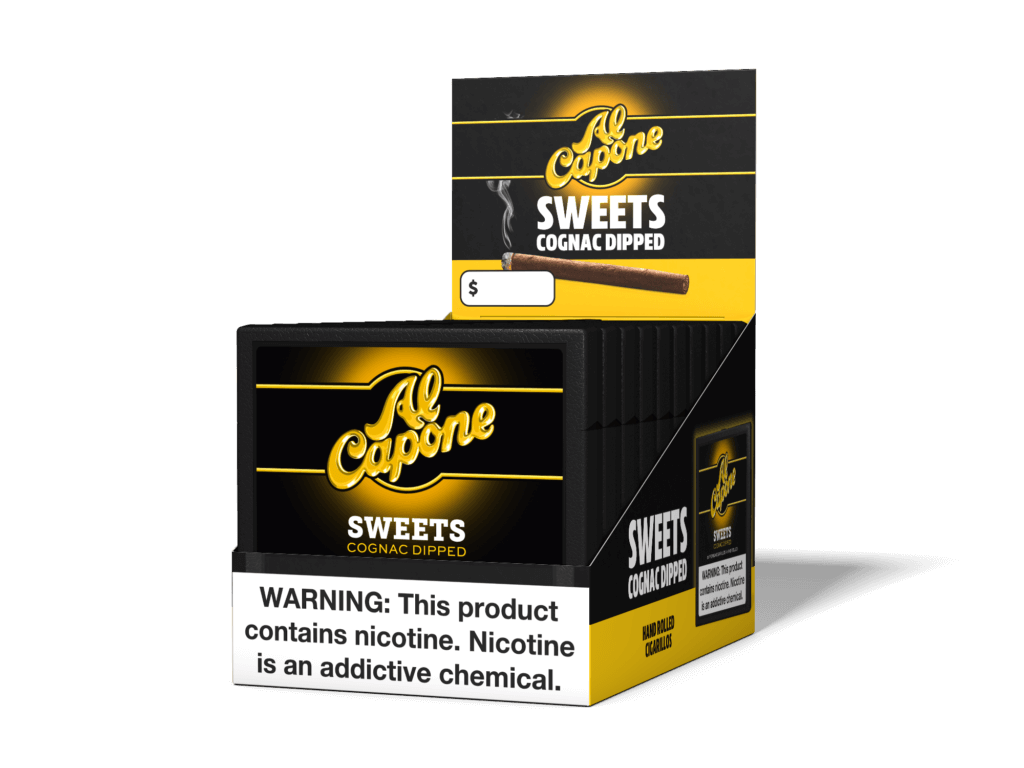 Open box of Al Capone Sweets cigars with individual cigars neatly arranged inside, featuring their signature sweet flavor and smooth wrappers