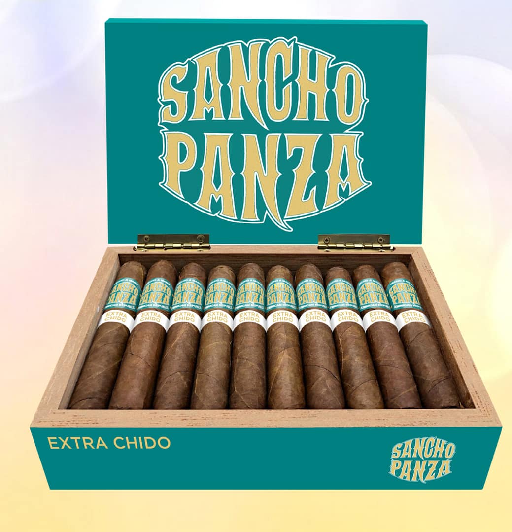 Open box of Sancho Panza Extra Chido cigars with cigars neatly arranged inside.