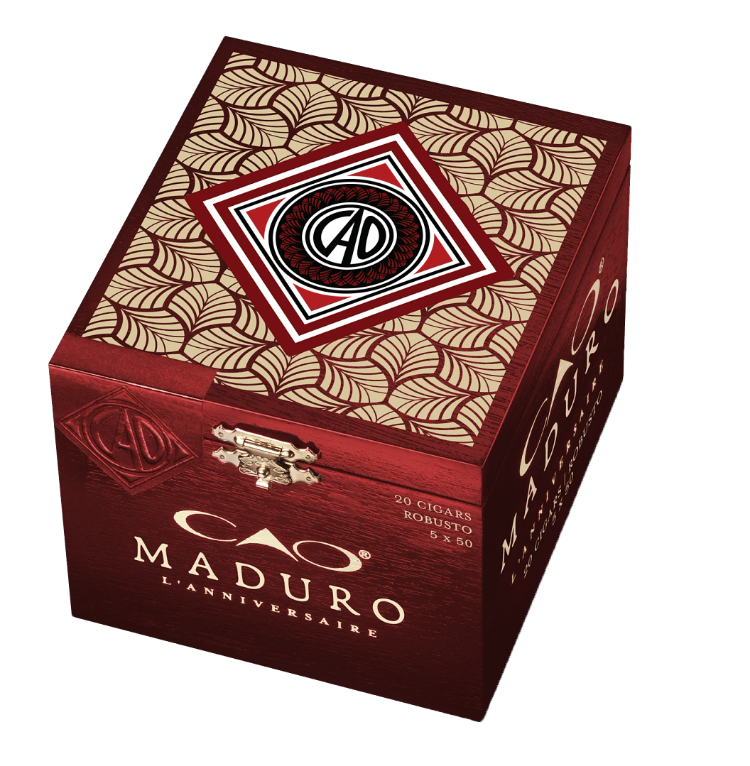 Closed box of CAO Maduro cigars with dark, rich wrappers and classic branding