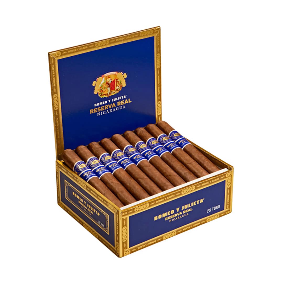 Open box of Romeo y Julieta Reserva Real Nicaragua cigars with dark Habano wrappers and vibrant blue and gold bands.