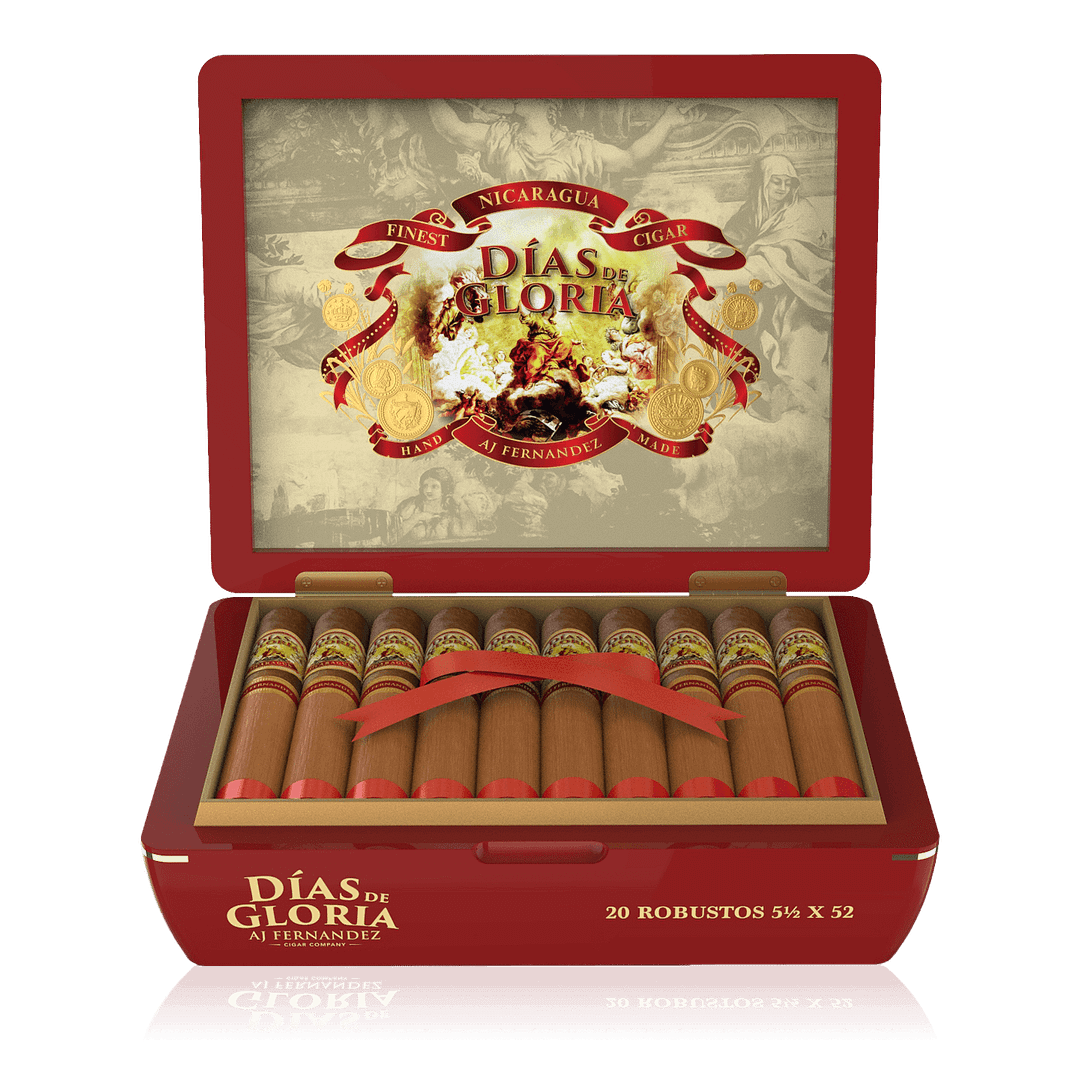 An open box of Dias de Glorias Habano cigars, showcasing their rich, smooth Habano wrappers and neatly arranged cigars, highlighting their full-bodied flavor profile with notes of spice, earth, and a touch of sweetnes