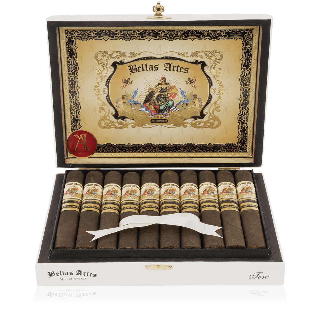An open box of Bellas Artes Maduro cigars, featuring dark, oily Maduro wrappers and neatly arranged cigars, showcasing their rich, full-bodied flavor profile with notes of cocoa, coffee, and a hint of spice.