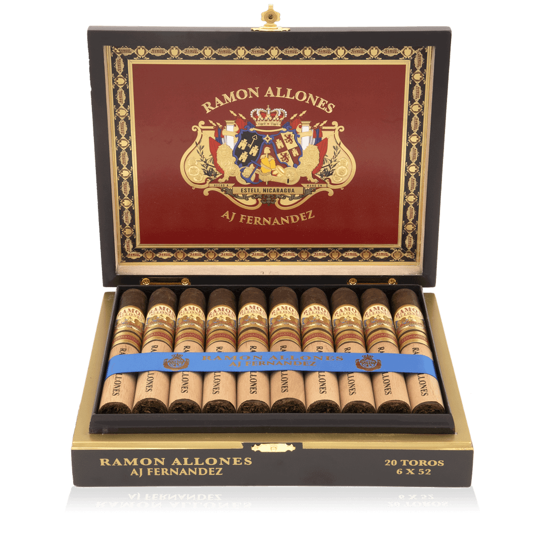 An open box of Ramon Allones cigars, showcasing their premium construction with smooth, dark wrappers and neatly arranged cigars, offering a full-bodied smoke with earthy, leathery flavors and a hint of spice