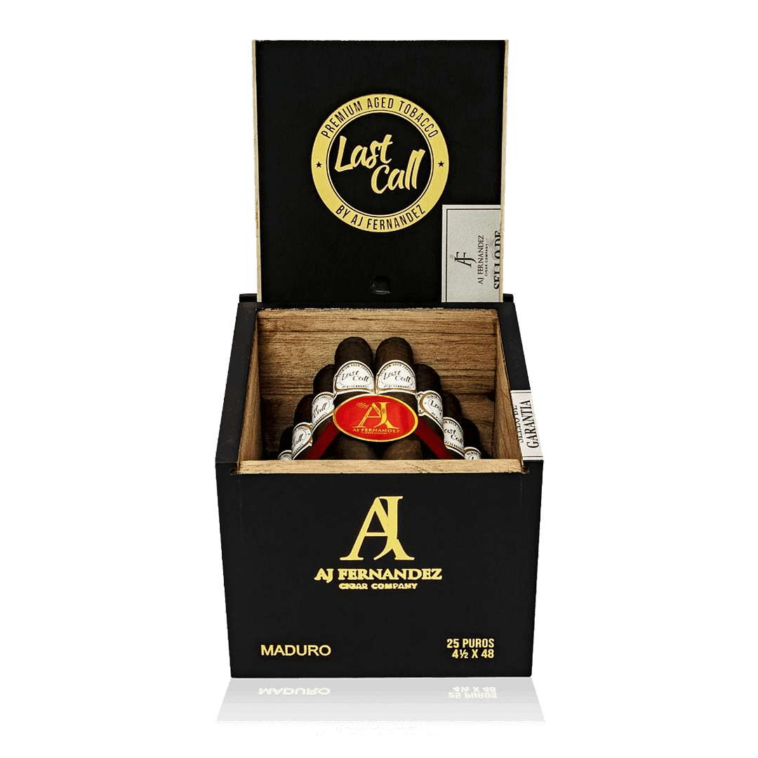 Open box of Last Call Maduro cigars, featuring their rich, dark wrappers and bold, full-bodied appeal