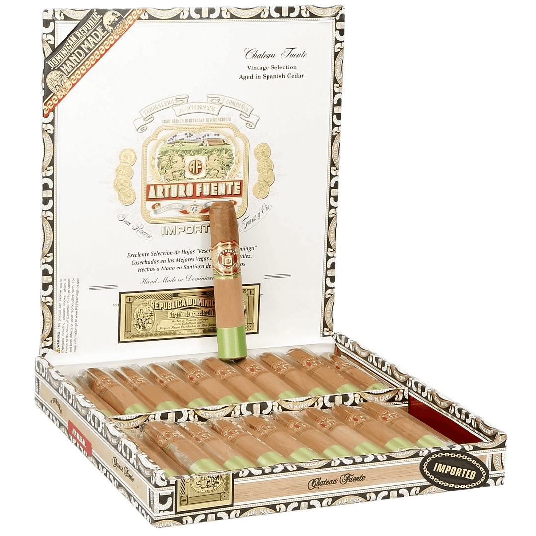 Open box of Arturo Fuente Château Fuente cigars with cedar sleeves and signature white bands, displayed in a classic wooden box.