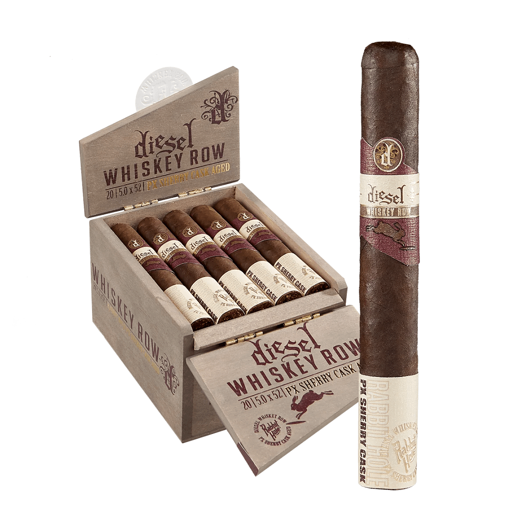 Single Diesel Whisky Row Sherry Cask cigar with open box in the background