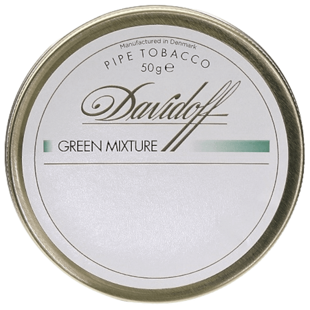 Davidoff Green Mixture pipe tobacco tin featuring a mild aromatic blend of Virginia, Burley, and Black Cavendish.