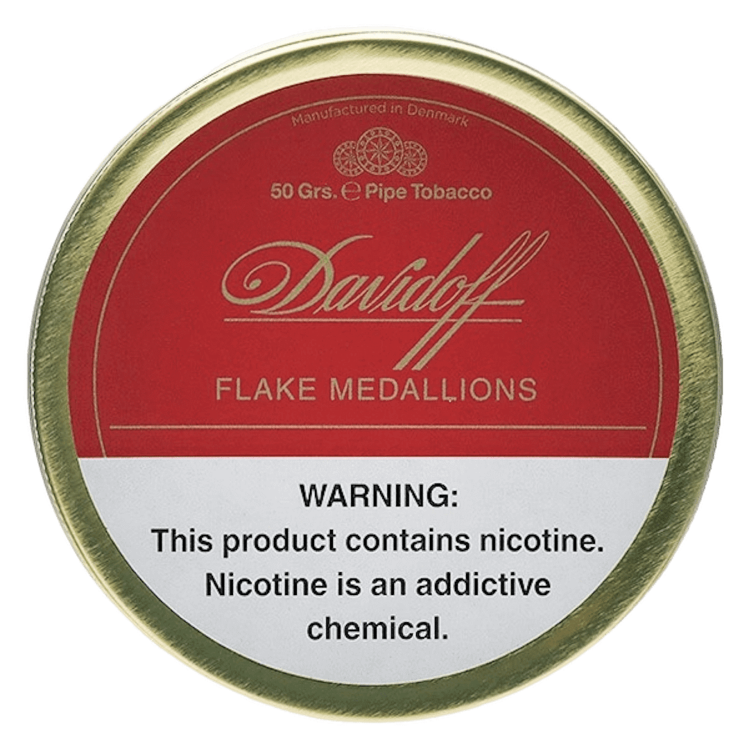 Davidoff Flake Medallions pipe tobacco tin displaying elegant coin-shaped flakes of Virginia and Black Cavendish tobaccos.