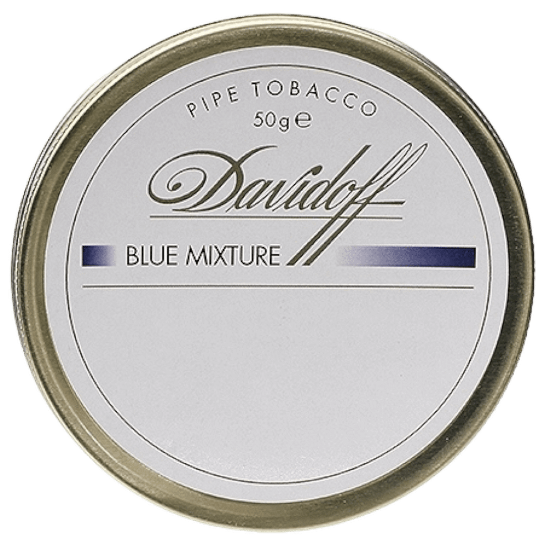 Davidoff Blue Mixture pipe tobacco tin featuring a smooth blend of Virginia, Burley, Latakia, and Oriental tobaccos.