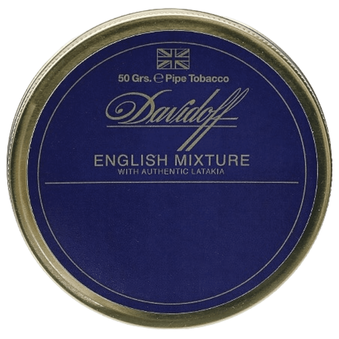 Davidoff English Mixture pipe tobacco tin featuring a classic blend of Virginia, Burley, Latakia, and Oriental leaf.