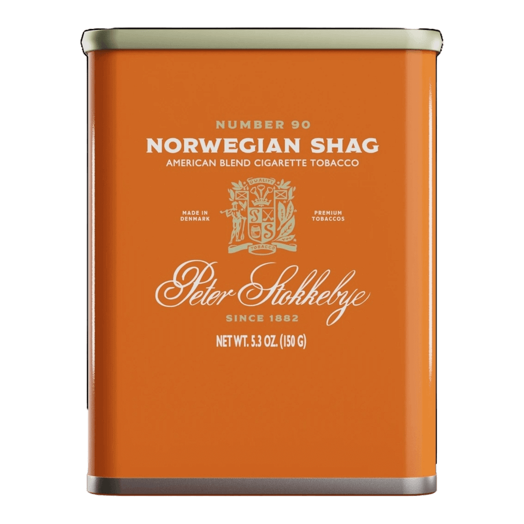 Can of Peter Stokkebye Norwegian Shag tobacco, featuring classic European design