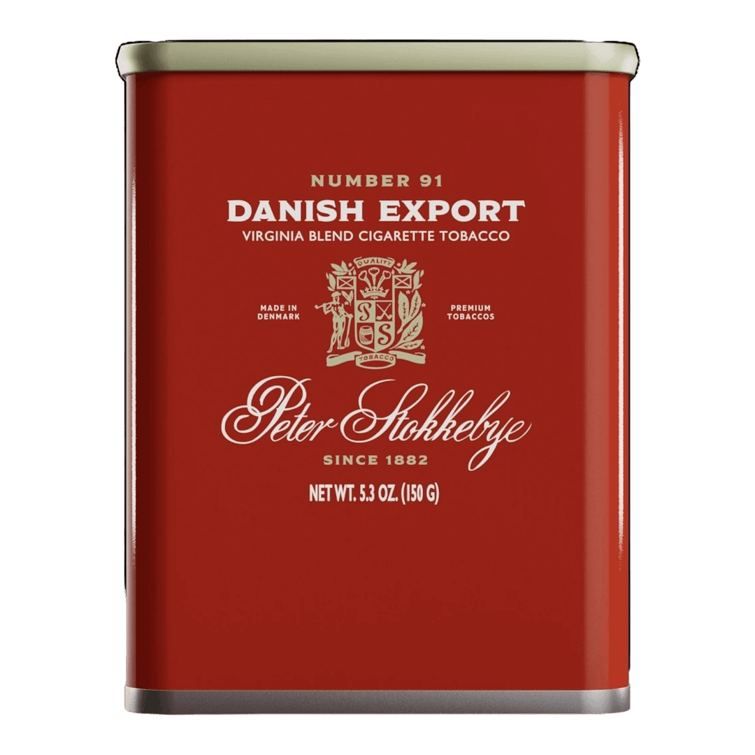 Package of Peter Stokkebye Danish Export roll-your-own tobacco featuring a clean, Scandinavian design.