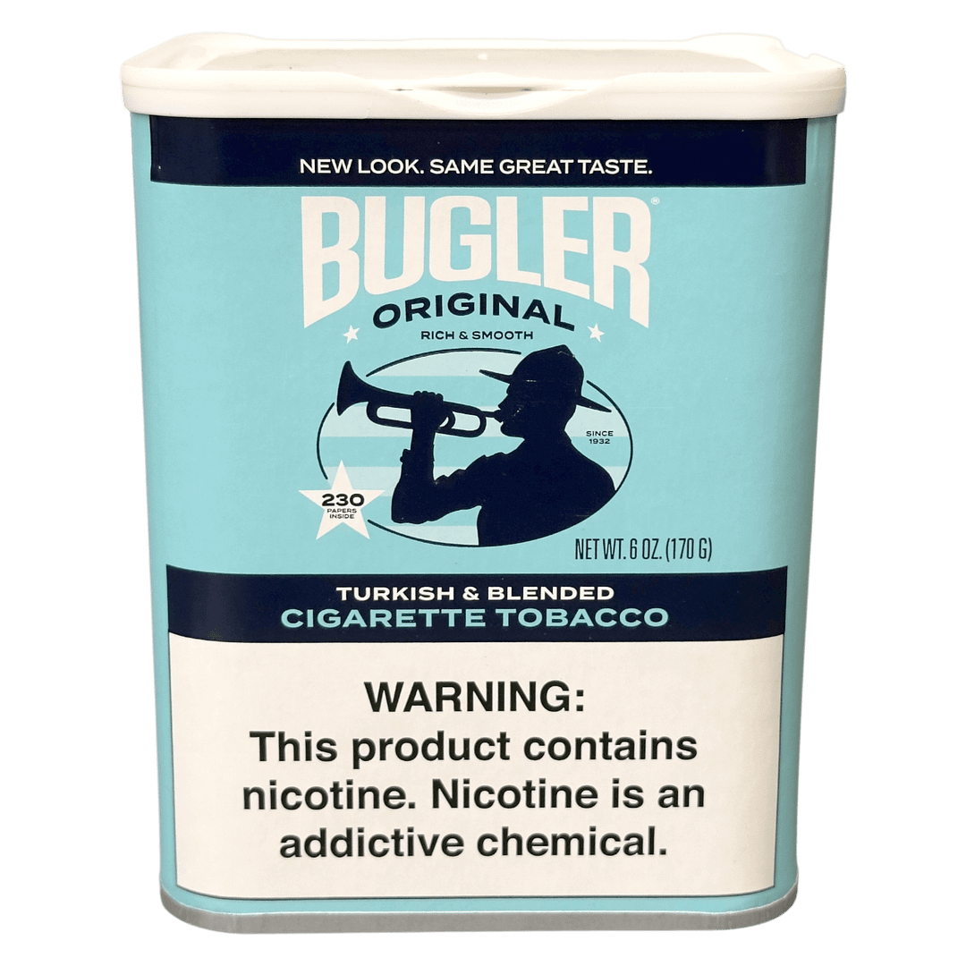 6 oz can of Bugler Cigarettes Tobacco, offering smooth, ready-to-roll tobacco for hand-rolled cigarettes.