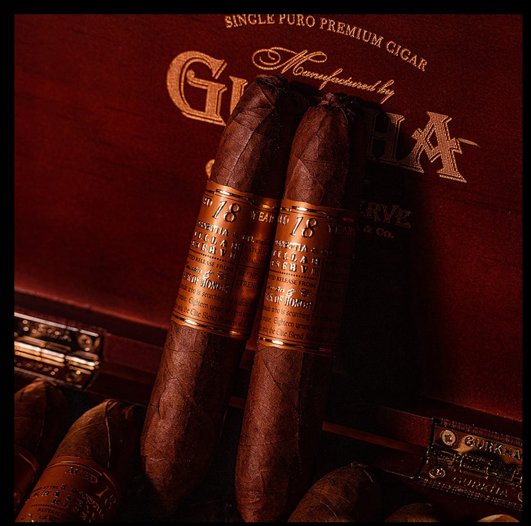 Two Gurkha Cellar Reserve Edición Especial 18 Year cigars resting on closed box