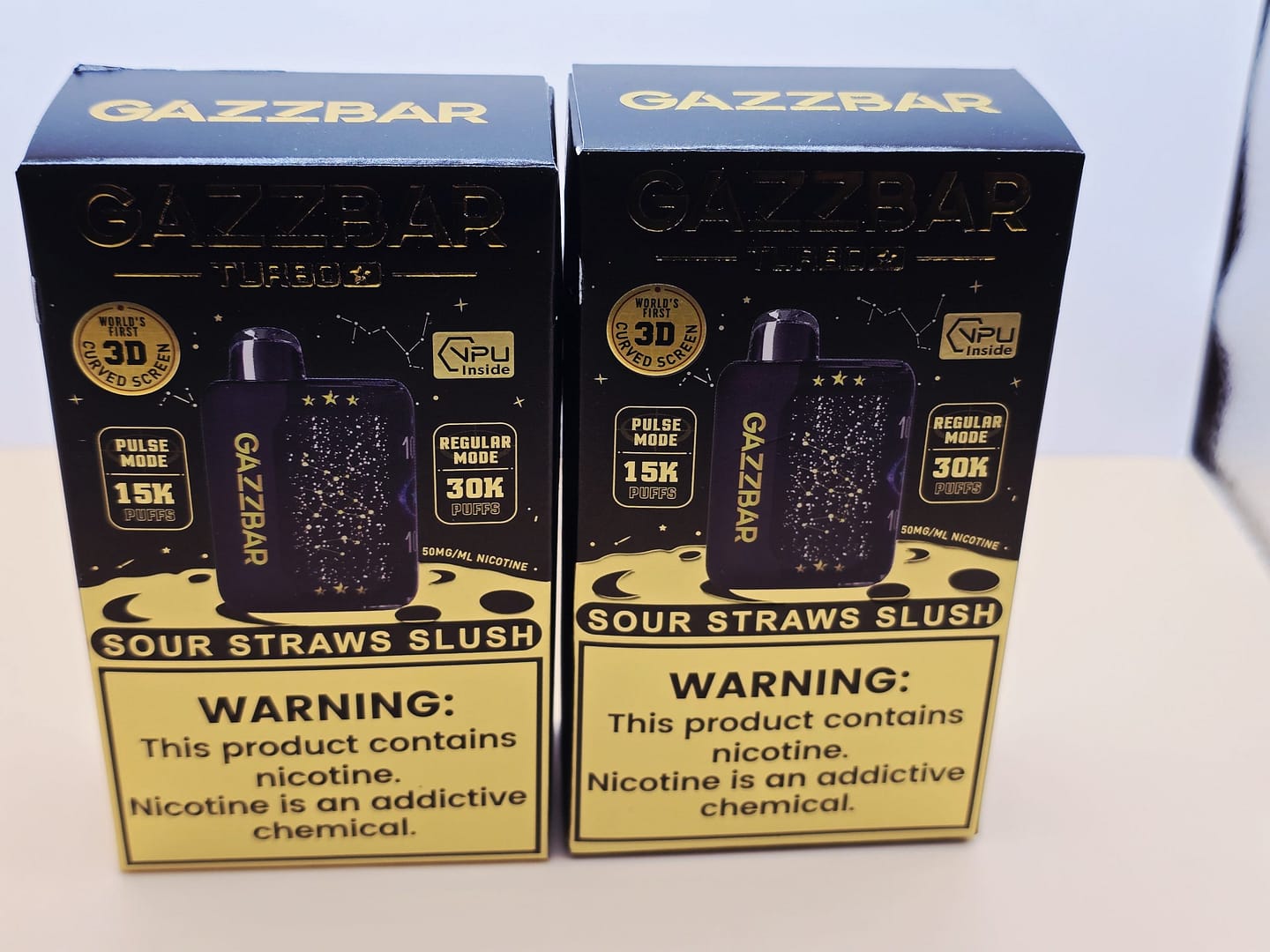 2 Pack Gazzbar Disposable Vape Sour Straw Slush flavor with 30,000 puffs, 28ml e-liquid, dual mesh coil, 800mAh quick-charge battery, and 3D curved screen.