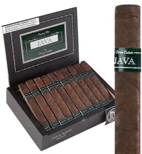Open box of Java Mint by Rocky Patel cigars with dark Maduro wrappers and distinctive mint-infused presentation.