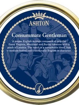 Ashton Consummate Gentleman pipe tobacco tin featuring a refined English blend of Virginia, Burley, and Latakia.