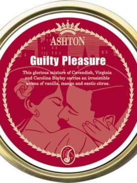 Ashton Guilty Pleasure pipe tobacco tin with an aromatic tropical blend of Virginia, Burley, and Black Cavendish.
