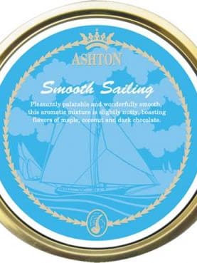 Ashton Smooth Sailing pipe tobacco tin featuring a flavorful blend with notes of maple, coconut, and dark chocolate.