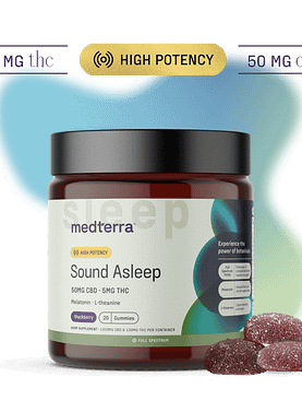20-count jar of Medterra Sound Asleep gummies with CBD, melatonin, and natural calming ingredients for better sleep.