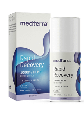 Medterra Rapid Recovery CBD Roll-On with 1000 mg of CBD in a convenient tube for targeted relief of sore muscles and joints.