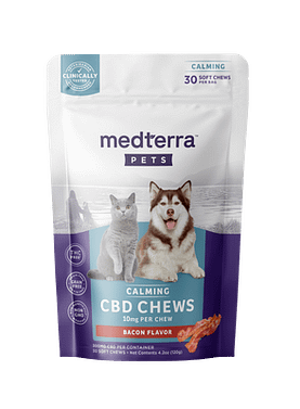 Bag of 20 Medterra Pet Hemp Calming Chews with CBD and natural calming ingredients for reducing pet anxiety.