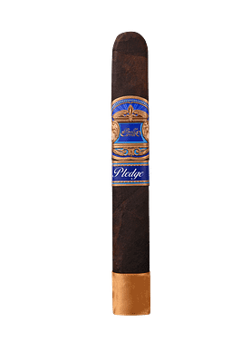 A single E.P. Carrillo Pledge cigar featuring a dark, oily wrapper and an ornate blue and gold band, positioned to highlight its premium construction and rich color