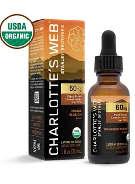 Charlotte’s Web 60MG CBD Oil bottle standing upright, showcasing label and amber glass design.